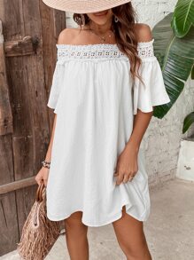 SHEIN VCAY 一字肩拼接水溶蕾絲連衣裙 - 白色 - 查看 3