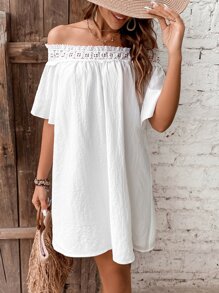 SHEIN VCAY 一字肩拼接水溶蕾絲連衣裙 - 白色 - 查看 4