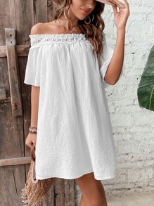 SHEIN VCAY 一字肩拼接水溶蕾絲連衣裙 - 白色 - 查看 5