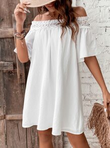 SHEIN VCAY 一字肩拼接水溶蕾絲連衣裙 - 白色 - 查看 6