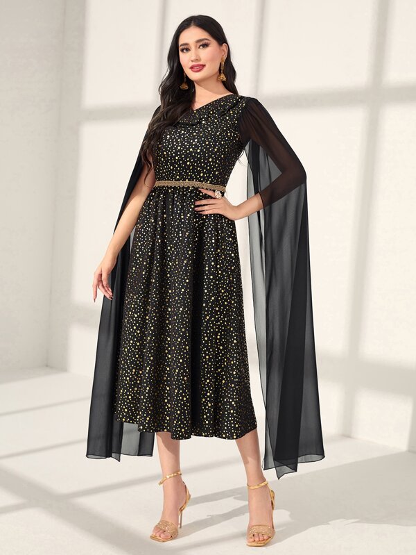 SHEIN Modely Gold Dot Print Contrast Mesh Cloak Sleeve Draped Collar