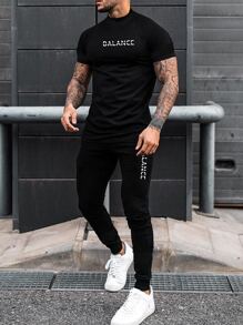 Manfinity Homme 男士字母图案 T 恤和运动裤，休闲男友礼物 - 黑色 - 查看 1