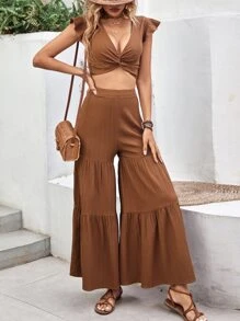 SHEIN VCAY Twist Front Crop Top & Ruffle Hem Wide Leg Trousers - Brown - View 1
