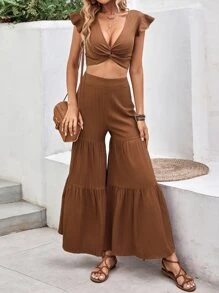 SHEIN VCAY Twist Front Crop Top & Ruffle Hem Wide Leg Trousers - Brown - View 4