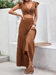 SHEIN VCAY Twist Front Crop Top & Ruffle Hem Wide Leg Trousers - Brown - View 6