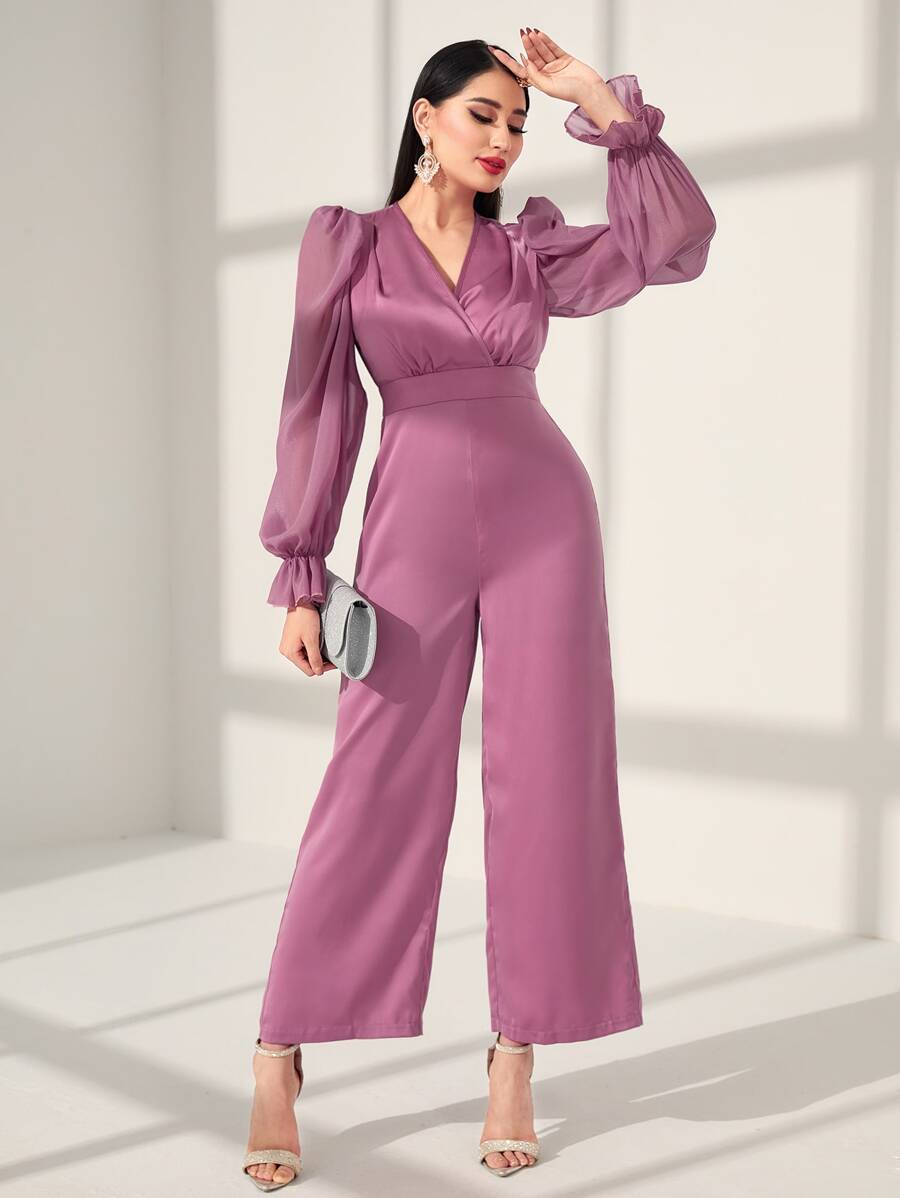 Modelyn Surplice Neck Flounce Sleeve Wide Leg Jumpsuit - Purple - View 1