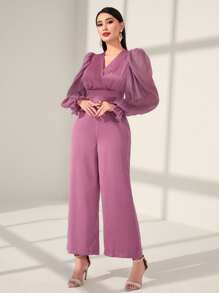Modelyn Surplice Neck Flounce Sleeve Wide Leg Jumpsuit - Purple - View 3