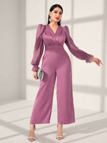 Modelyn Surplice Neck Flounce Sleeve Wide Leg Jumpsuit - Purple - View 4