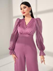 Modelyn Surplice Neck Flounce Sleeve Wide Leg Jumpsuit - Purple - View 5