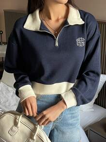 DAZY Sudadera con estampado de letra de color combinado de hombros caídos - Azul Marino - Ver 1