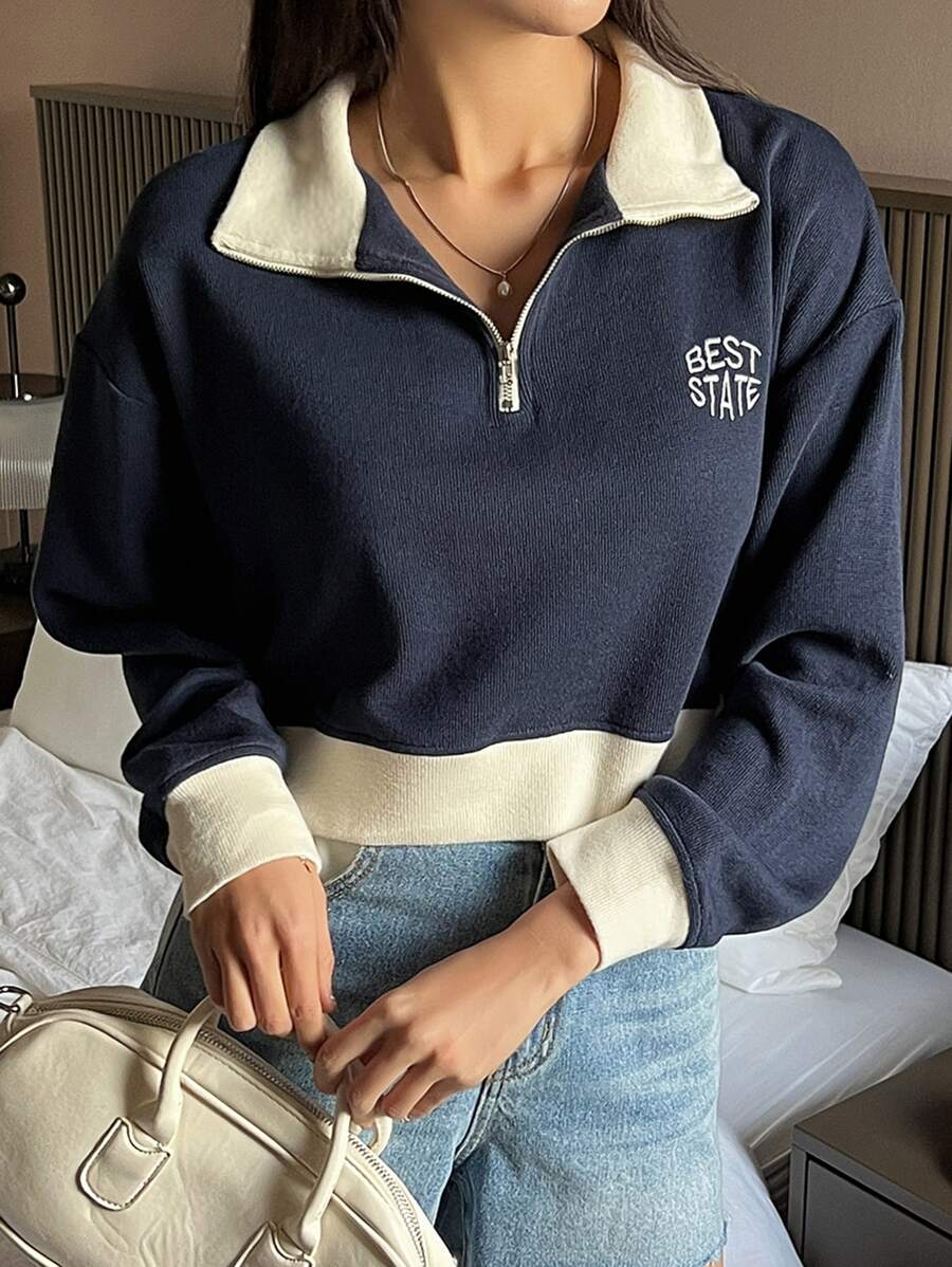 DAZY Sudadera con estampado de letra de color combinado de hombros caídos - Azul Marino - Ver 1