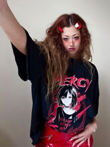 ROMWE Anime Camiseta de hombros caídos con estampado de figura - Negro - Ver 1