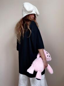 ROMWE Anime 卡通圖案落肩T恤 - 黑色 - 查看 3