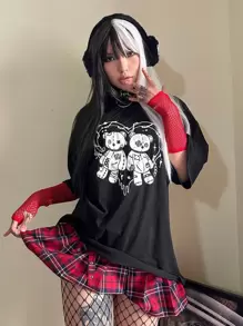 ROMWE Anime 卡通熊印花落肩 T 恤，学校 - 黑色 - 查看 4