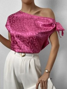 SHEIN Privé 豹紋提花不對稱領側打結緞面襯衫 - 玫紅色 - 查看 4