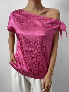 SHEIN Privé 豹紋提花不對稱領側打結緞面襯衫 - 玫紅色 - 查看 6