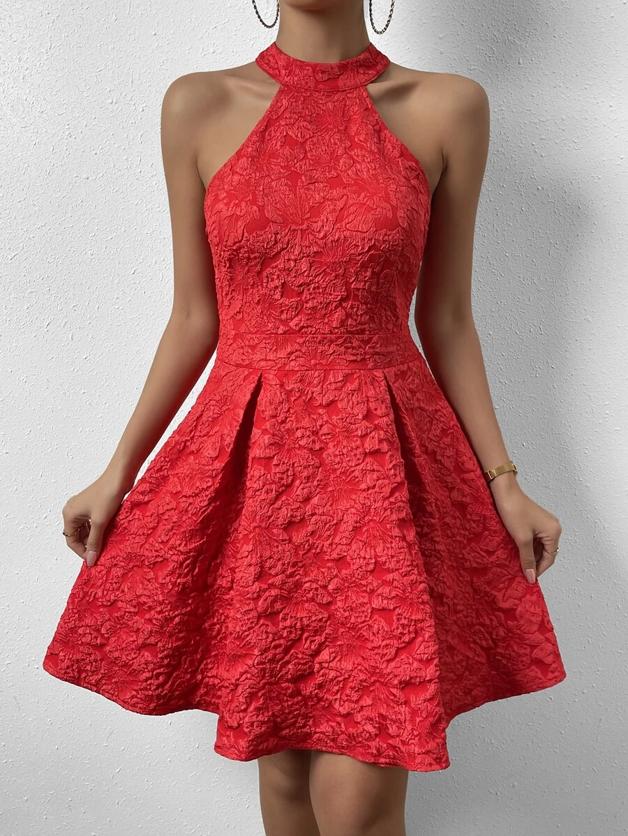 SHEIN Privé 提花繞頸褶皺細節連衣裙 - 紅色 - 查看 1