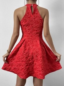 SHEIN Privé 提花繞頸褶皺細節連衣裙 - 紅色 - 查看 2