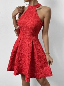 SHEIN Privé 提花繞頸褶皺細節連衣裙 - 紅色 - 查看 3
