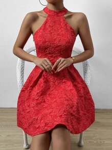 SHEIN Privé 提花繞頸褶皺細節連衣裙 - 紅色 - 查看 4