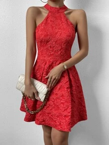 SHEIN Privé 提花繞頸褶皺細節連衣裙 - 紅色 - 查看 5