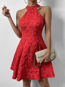 SHEIN Privé 提花繞頸褶皺細節連衣裙 - 紅色 - 查看 6