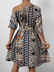 SHEIN LUNE Allover Print Asymmetrical Neck Belted Dress - Multicolor - View 2