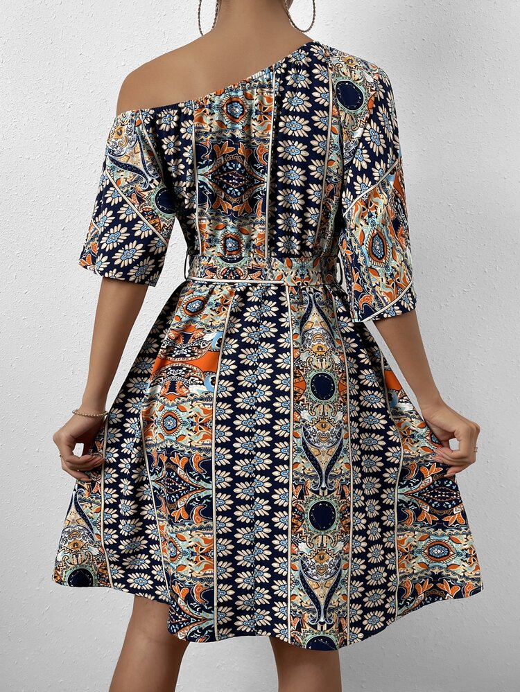 Allover Print Asymmetrical Neck Belted Dress