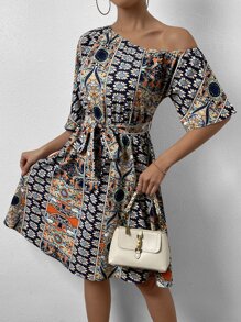 SHEIN LUNE Allover Print Asymmetrical Neck Belted Dress - Multicolor - View 3