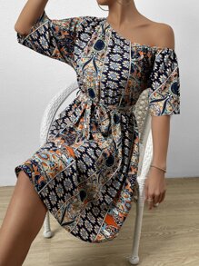 SHEIN LUNE Allover Print Asymmetrical Neck Belted Dress - Multicolor - View 4