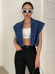 DAZY 雙釦裁剪牛仔背心夾克 - 藍色 - 查看 1