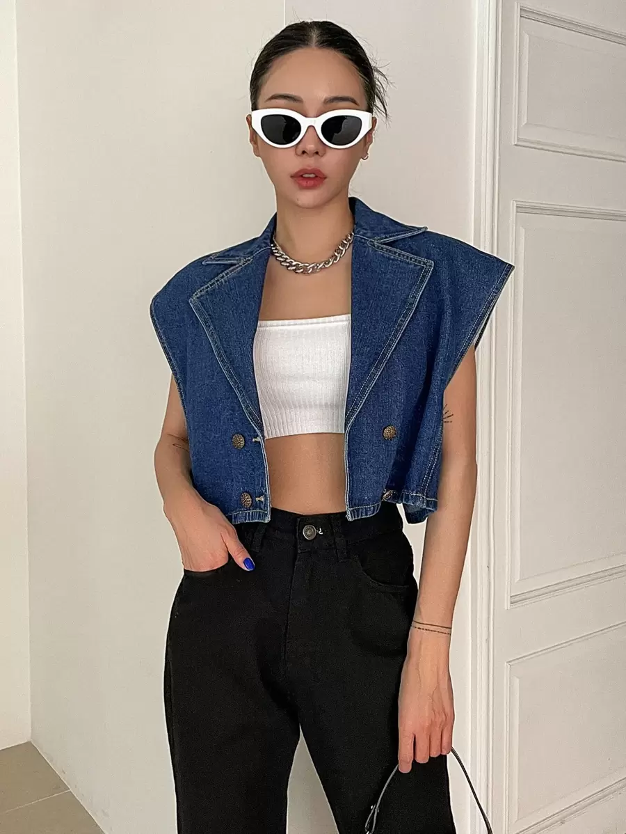 DAZY 雙釦裁剪牛仔背心夾克 - 藍色 - 查看 1