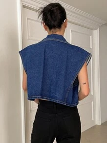 DAZY 雙釦裁剪牛仔背心夾克 - 藍色 - 查看 2