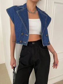 DAZY 雙釦裁剪牛仔背心夾克 - 藍色 - 查看 6