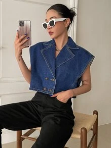 DAZY 雙釦裁剪牛仔背心夾克 - 藍色 - 查看 7