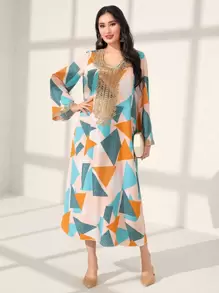 Al Najma Geo Print Contrast Guipure Lace Dress Kaftan Jalabiya Dress - Multicolor - View 1