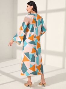 Al Najma Geo Print Contrast Guipure Lace Dress Kaftan Jalabiya Dress - Multicolor - View 2