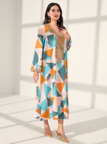 Al Najma Geo Print Contrast Guipure Lace Dress Kaftan Jalabiya Dress - Multicolor - View 3