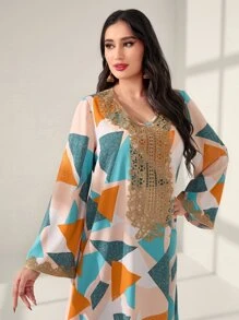 Al Najma Geo Print Contrast Guipure Lace Dress Kaftan Jalabiya Dress - Multicolor - View 4