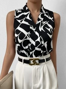 SHEIN Essnce Allover Print Sleeveless Bodysuit - Black - View 1