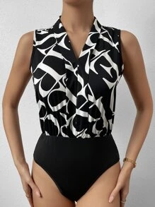 SHEIN Essnce Allover Print Sleeveless Bodysuit - Black - View 3