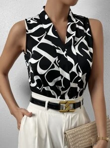 SHEIN Essnce Allover Print Sleeveless Bodysuit - Black - View 4