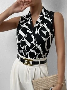 SHEIN Essnce Allover Print Sleeveless Bodysuit - Black - View 5