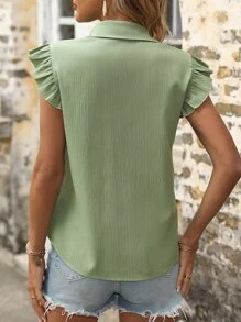 SHEIN VCAY Solid Ruffle Trim Button Front Shirt - Mint Green - View 2