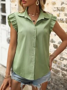 SHEIN VCAY Solid Ruffle Trim Button Front Shirt - Mint Green - View 5