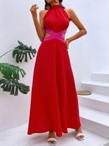 SHEIN VCAY Cut Out Waist Halter Neck Backless Dress - Red - View 2