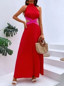SHEIN VCAY Cut Out Waist Halter Neck Backless Dress - Red - View 4