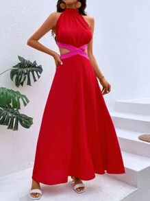 SHEIN VCAY Cut Out Waist Halter Neck Backless Dress - Red - View 5