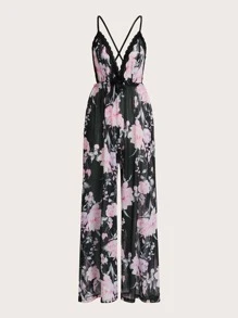 Floral Print Contrast Lace Cami Sleep Jumpsuit - Multicolor - View 1