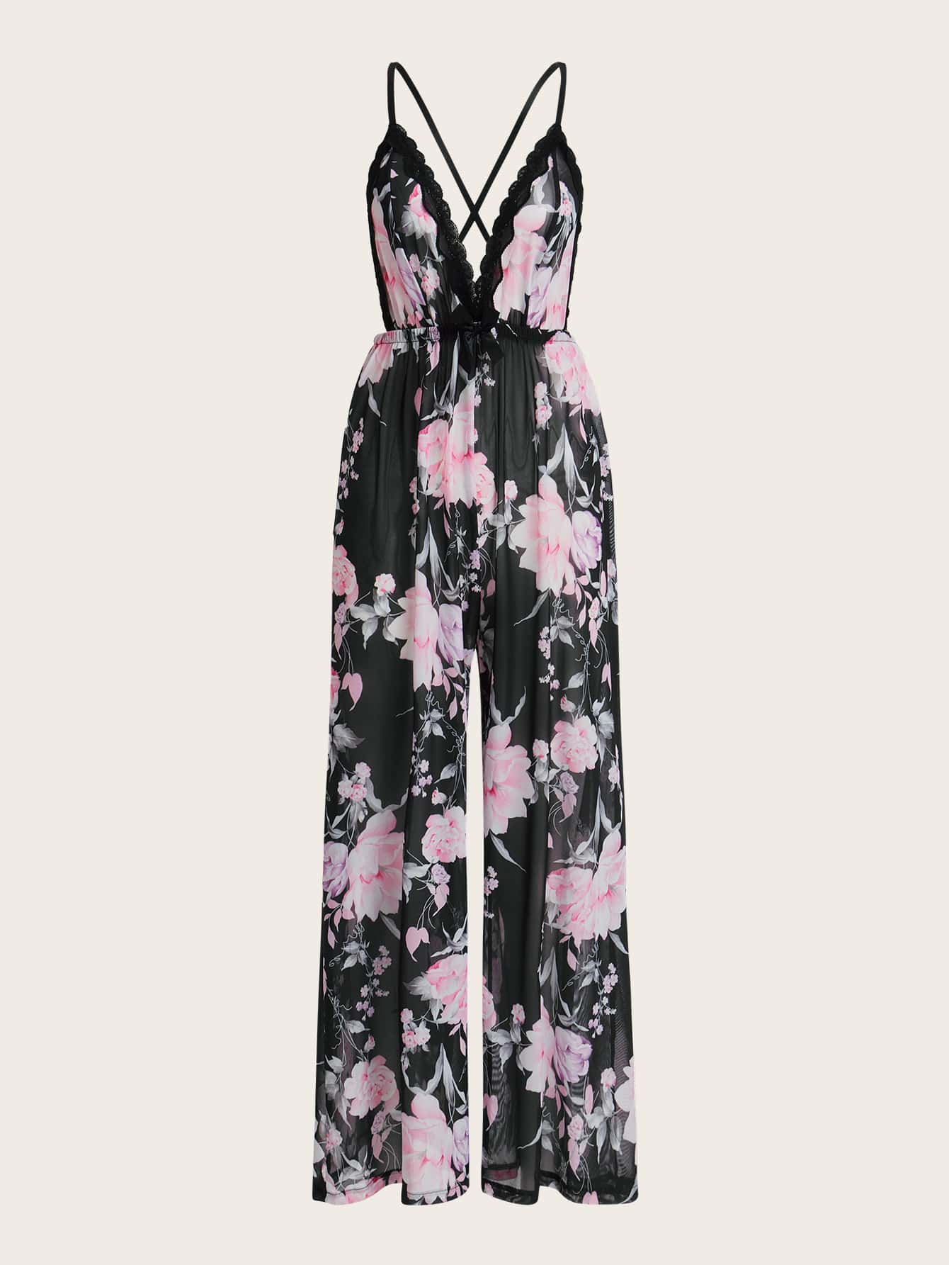 Floral Print Contrast Lace Cami Sleep Jumpsuit - Multicolor - View 1